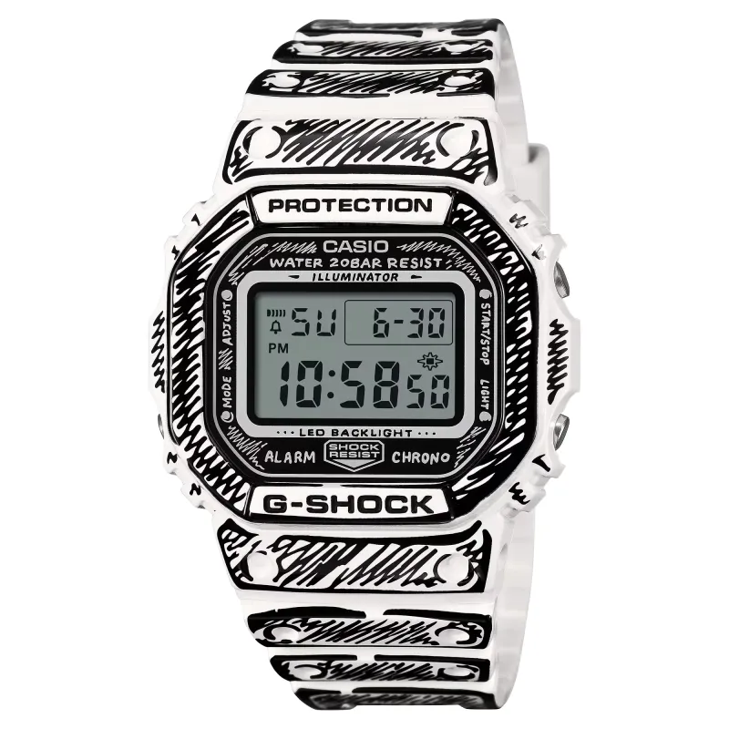 Front view of G-SHOCK DW5600JV-7 watch with black sketch-style detailing on white resin case