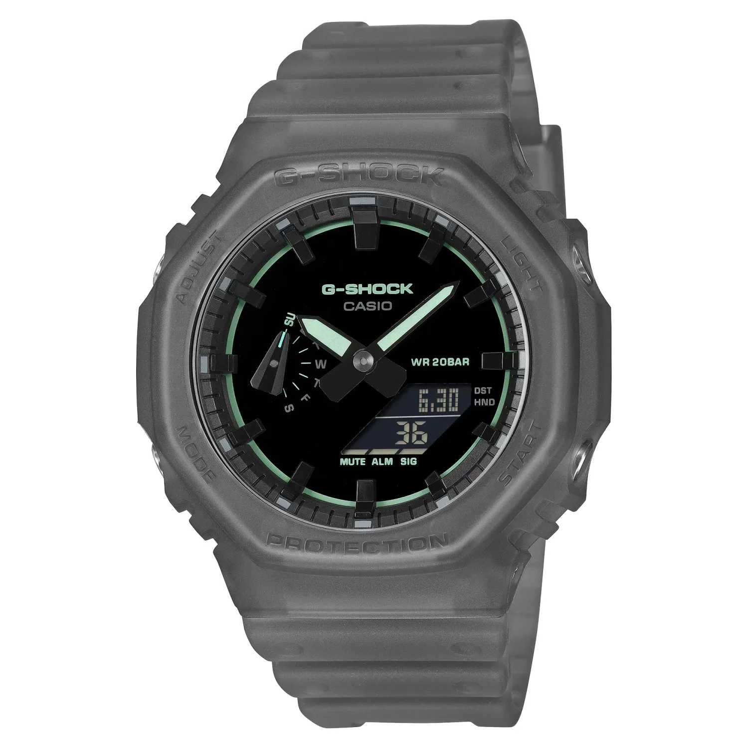 Front view of G-SHOCK GA2100K-1A grey translucent watch with black dial