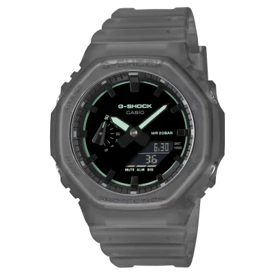 Front view of G-SHOCK GA2100K-1A grey translucent watch with black dial