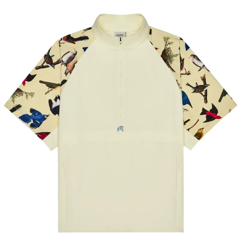 Front flat lay showing pullover half-zip design, clean front panel, and bird print sleeve detailing