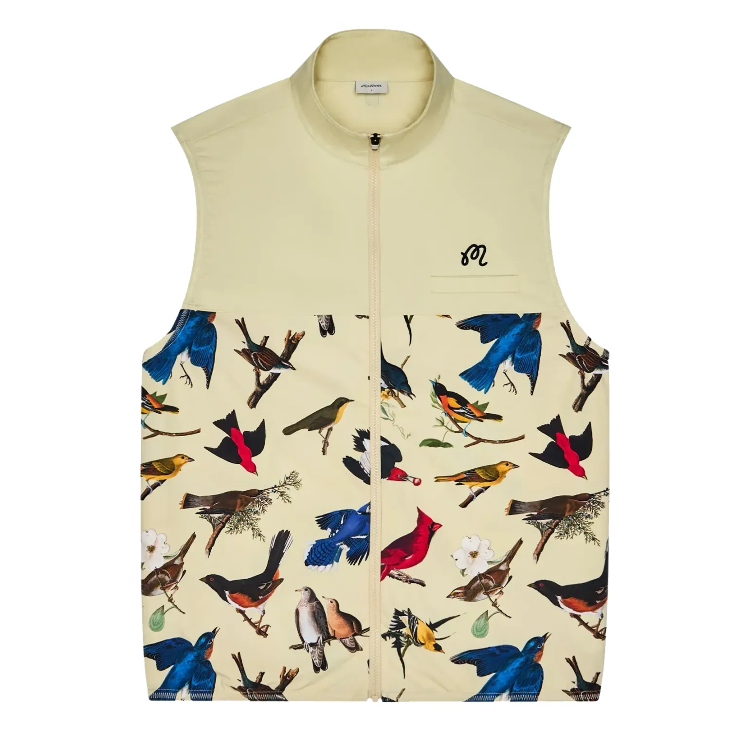 Front flat lay showing full-zip closure, chest logo, and Birds of Georgia artwork