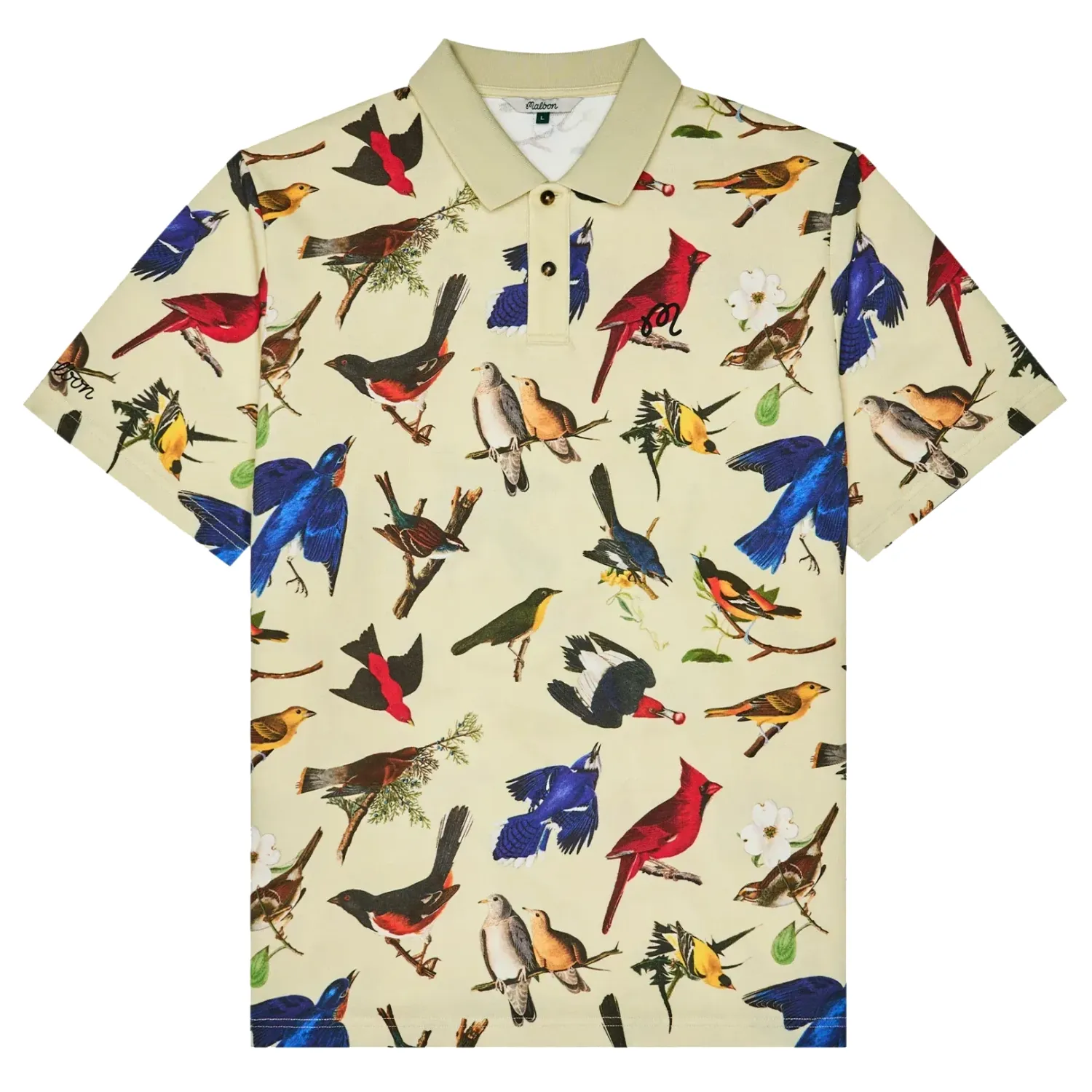 Flat lay of Birds of Georgia Fairway polo showing full all-over print and structure