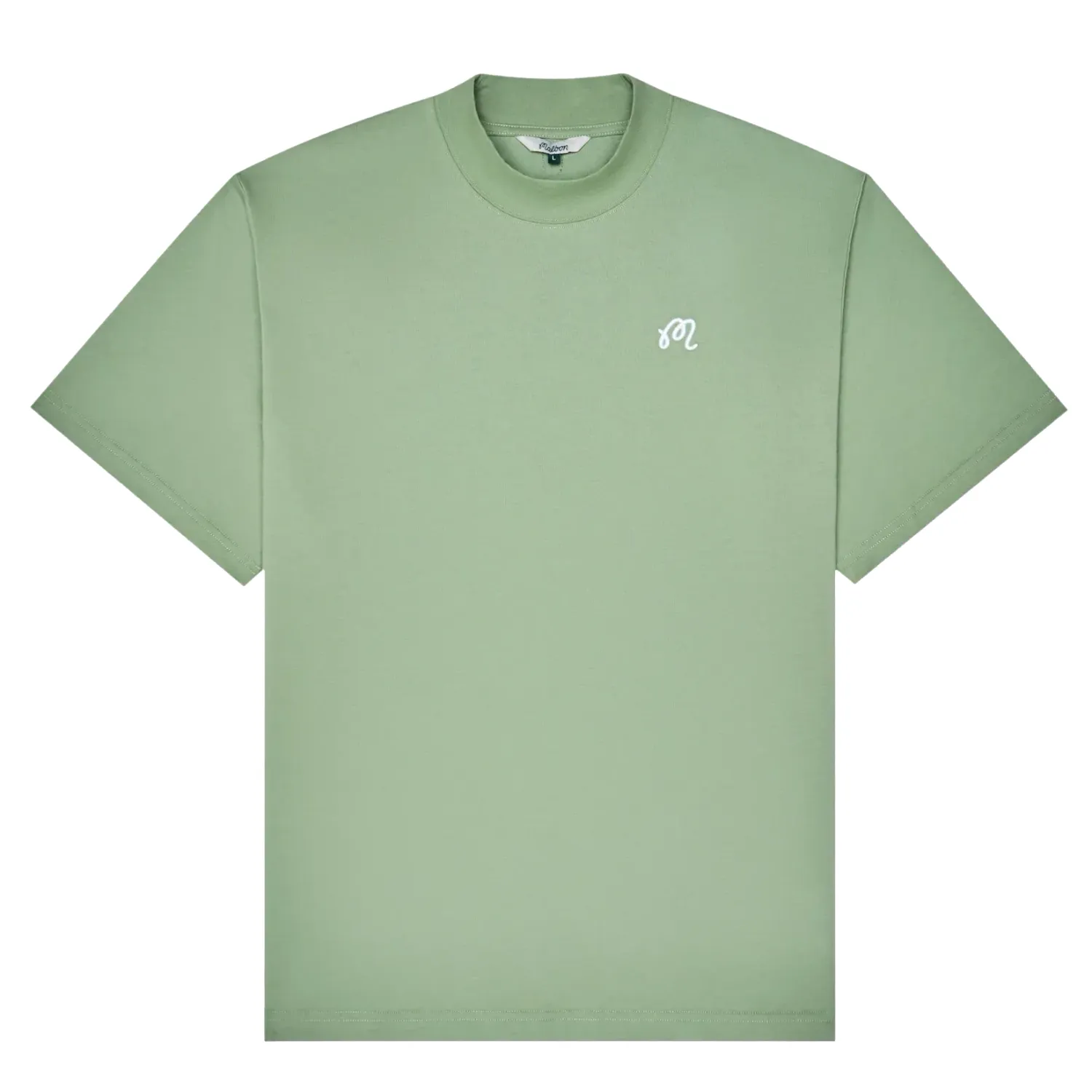 Flat lay of Mare mockneck tee in seafoam sage with minimal design