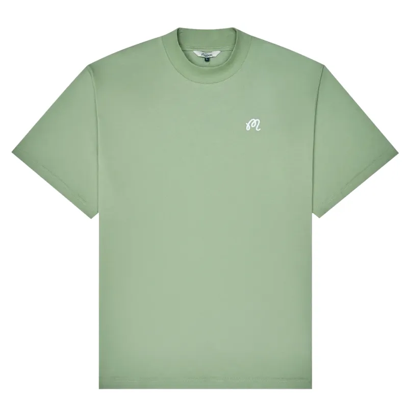 Flat lay of Mare mockneck tee in seafoam sage with minimal design
