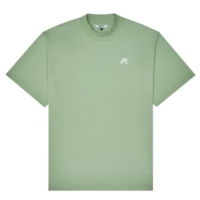 Flat lay of Mare mockneck tee in seafoam sage with minimal design