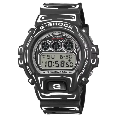 Front view of G-SHOCK DW6900JV-1 black watch with white sketch-style detailing