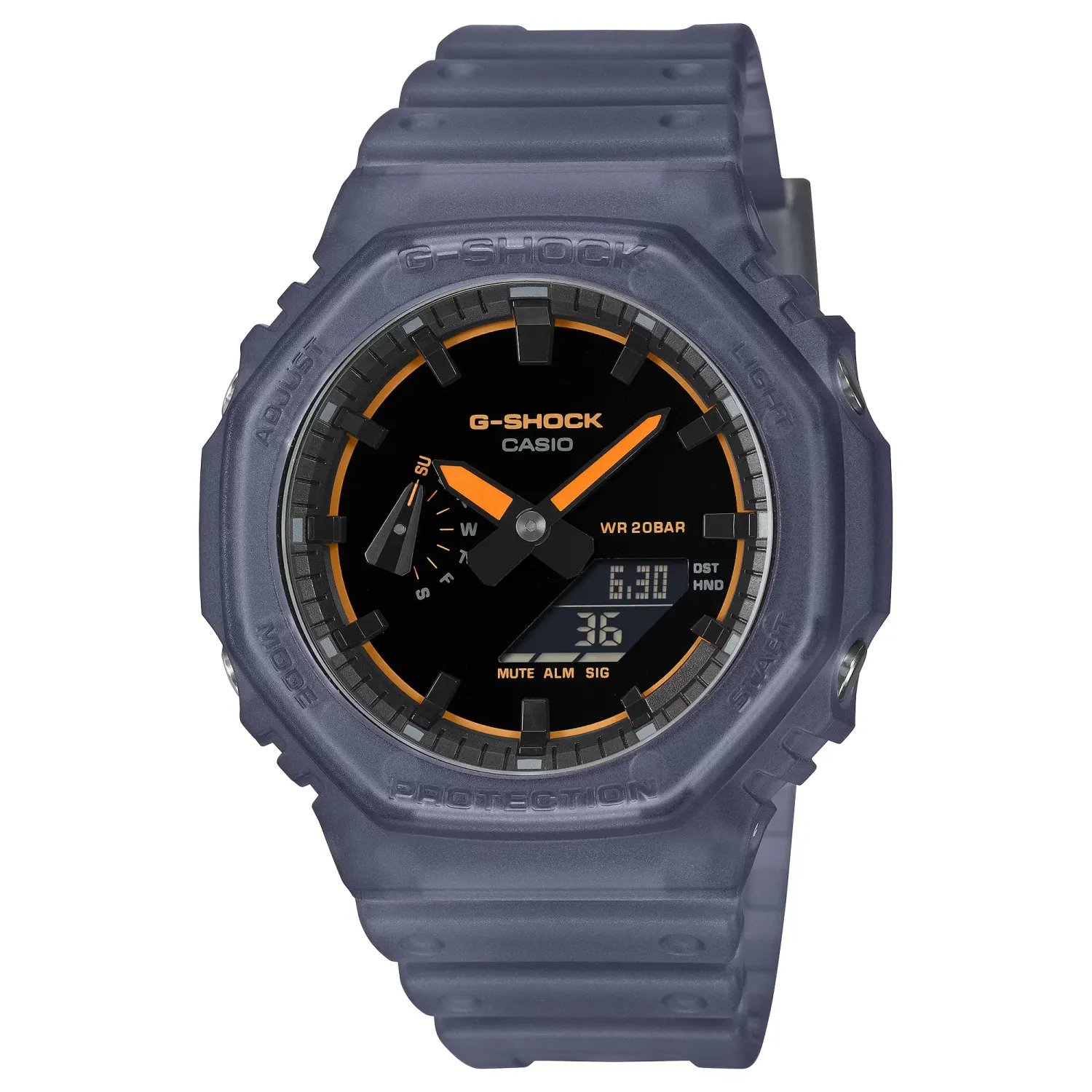 Front view of G-SHOCK GA2100K-2A blue translucent watch with orange accents