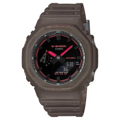 Front view of G-SHOCK GA2100K-5A brown translucent watch with red accents