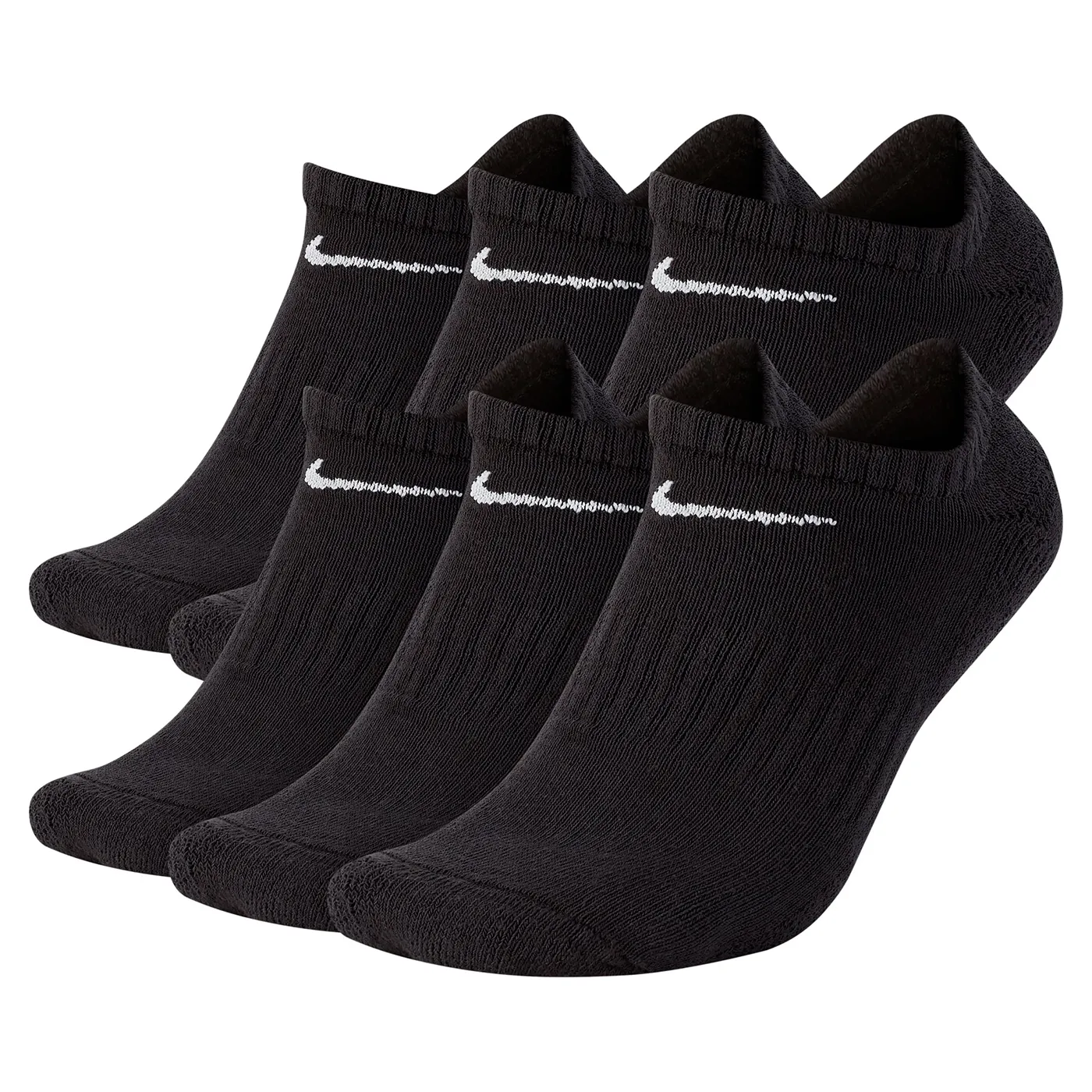 Front view of black Nike no-show socks with white Swoosh logos across the top cuff