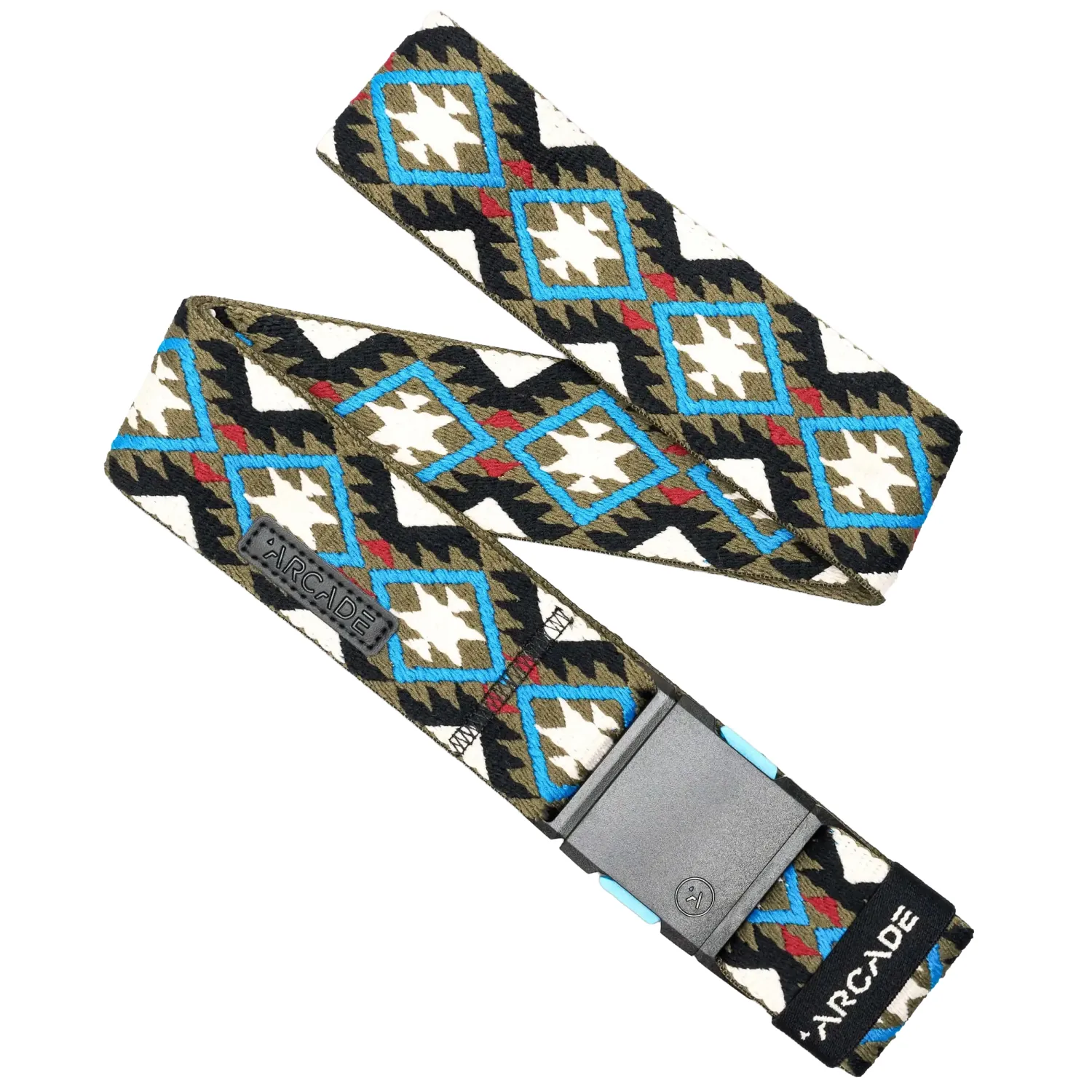 Full view of Arcade Twilight belt laid flat highlighting colorful geometric pattern and adjustable fit