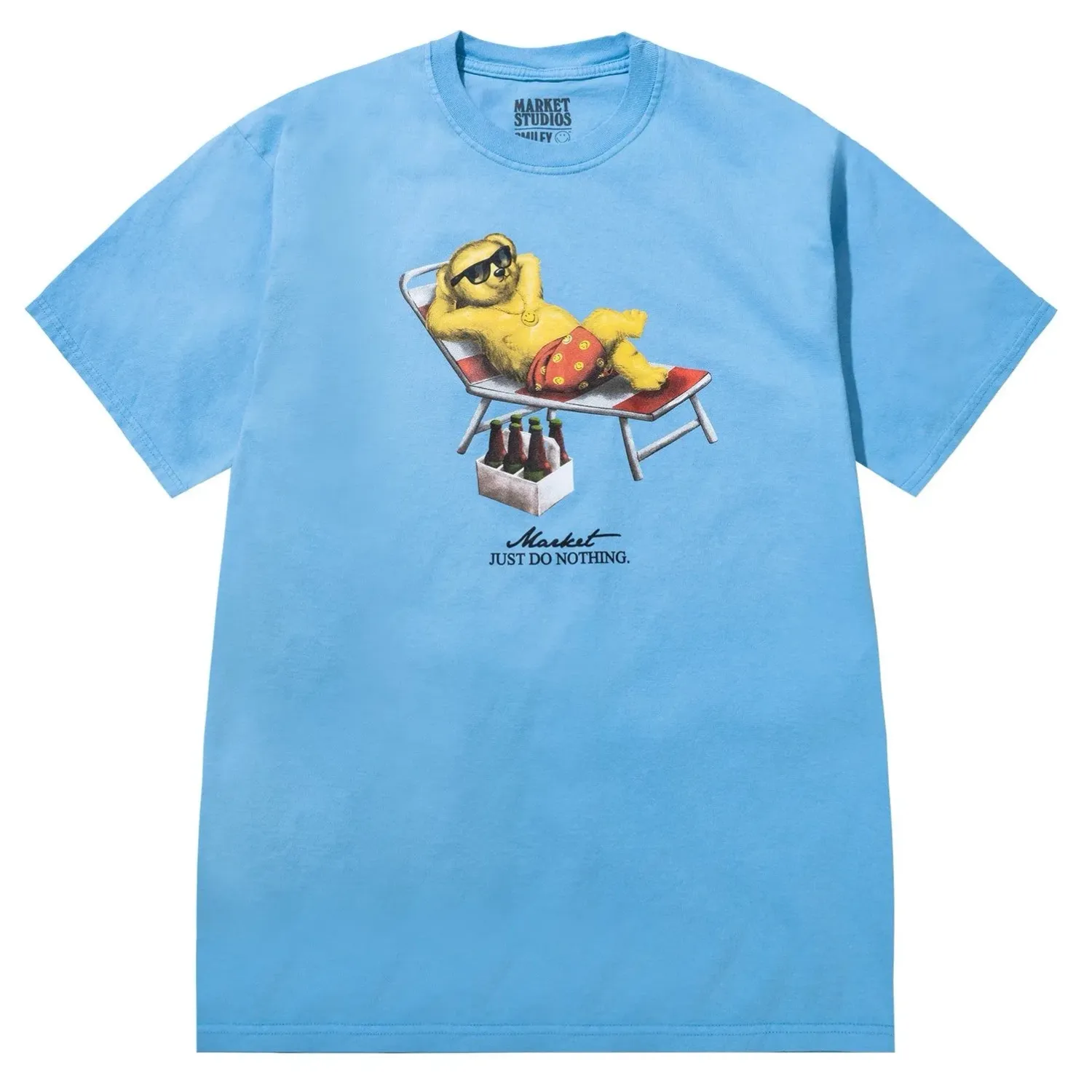 Front view of Market Studios blue t-shirt with lounging bear graphic and “Just Do Nothing” text