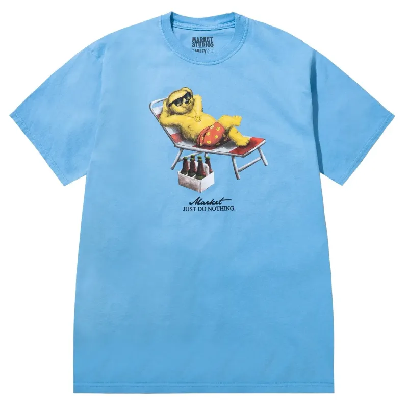 Front view of Market Studios blue t-shirt with lounging bear graphic and “Just Do Nothing” text