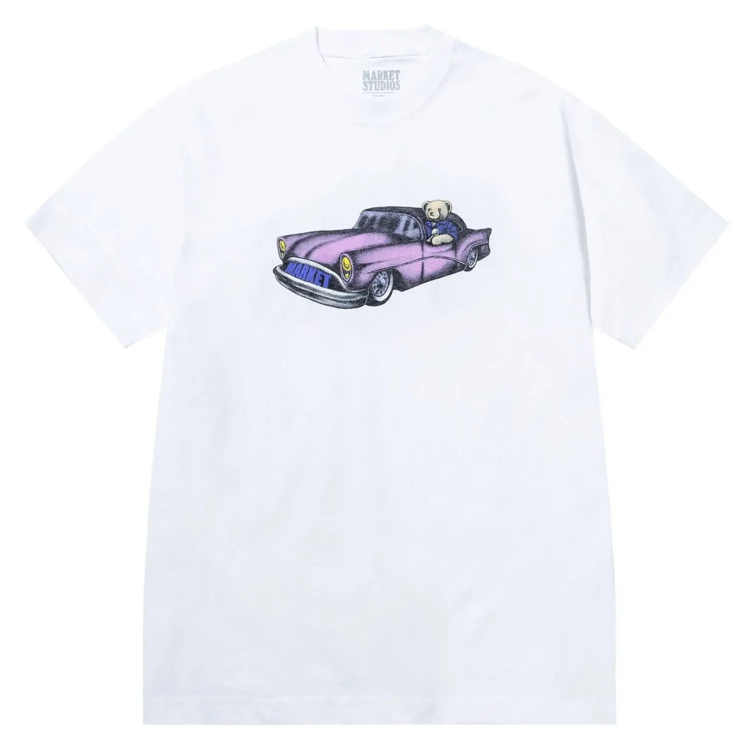 Front view of Market Studios white t-shirt featuring lowrider car graphic with bear driver
