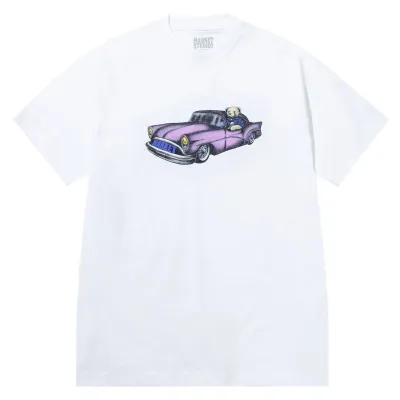 Front view of Market Studios white t-shirt featuring lowrider car graphic with bear driver