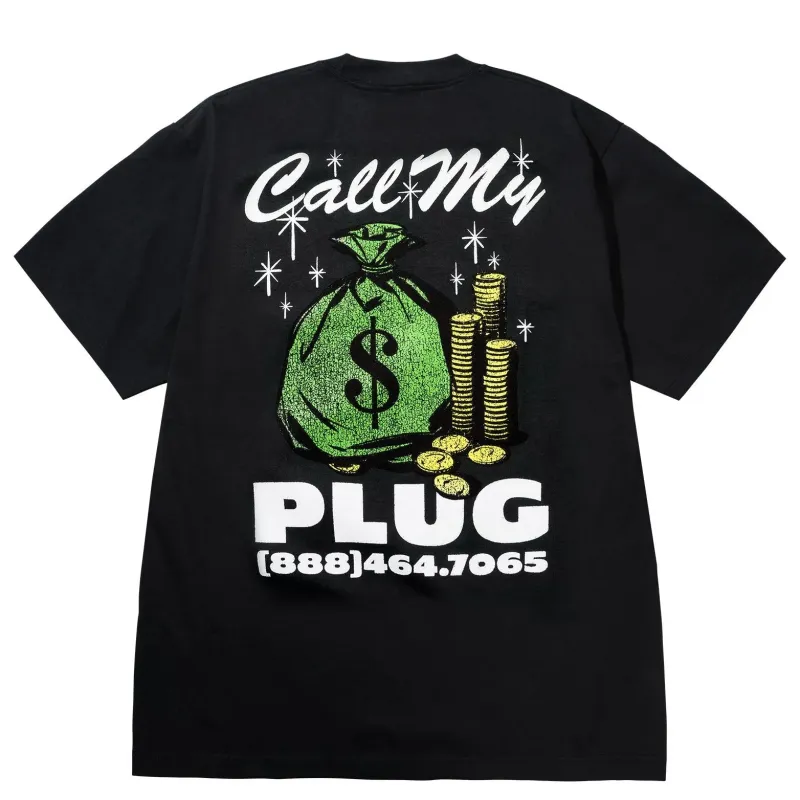Back view of black t-shirt with large “Call My Plug” graphic, money bag, coins, and phone number text