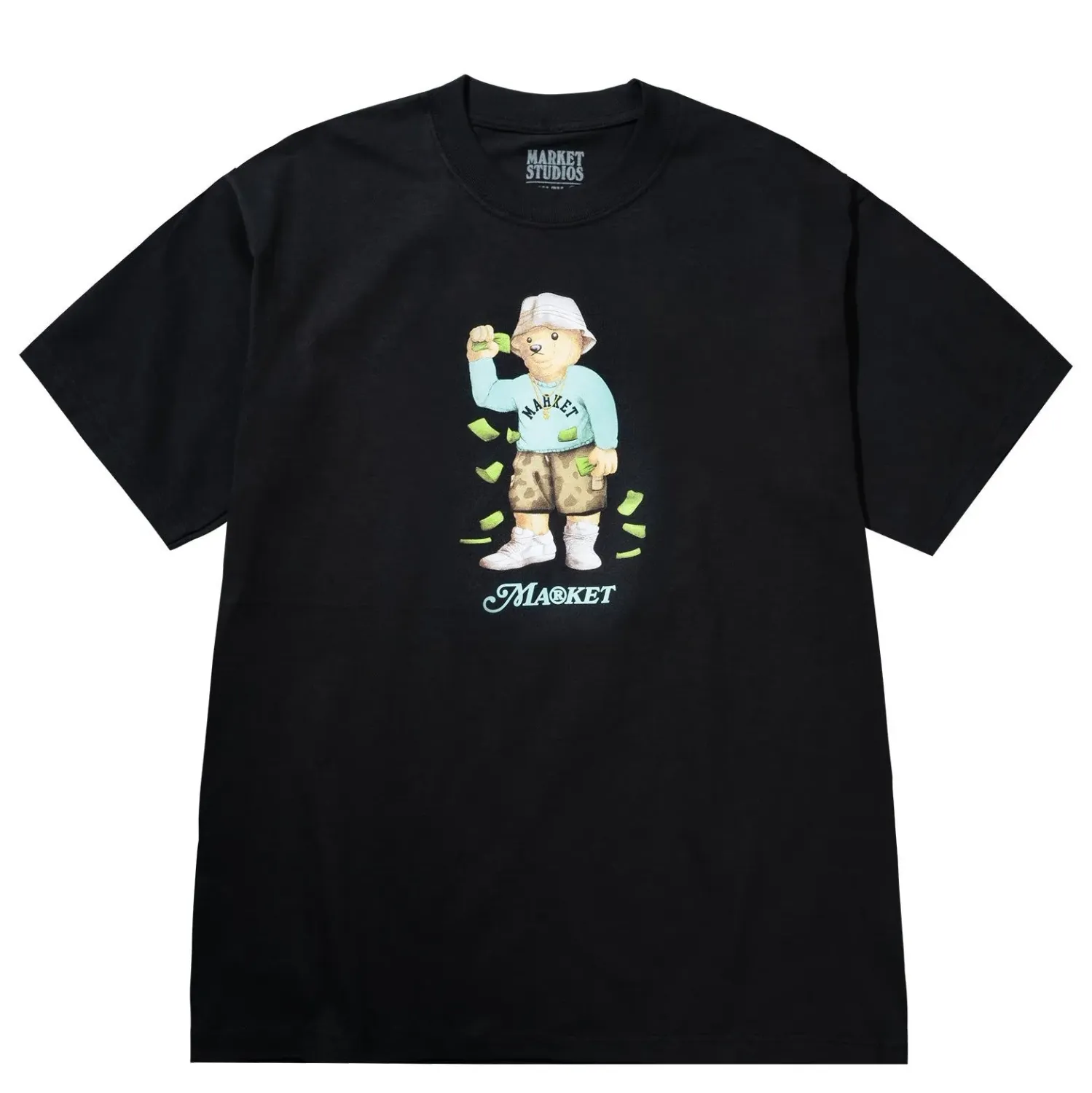 Front view of Market Studios black t-shirt with bear graphic throwing cash and Market logo below