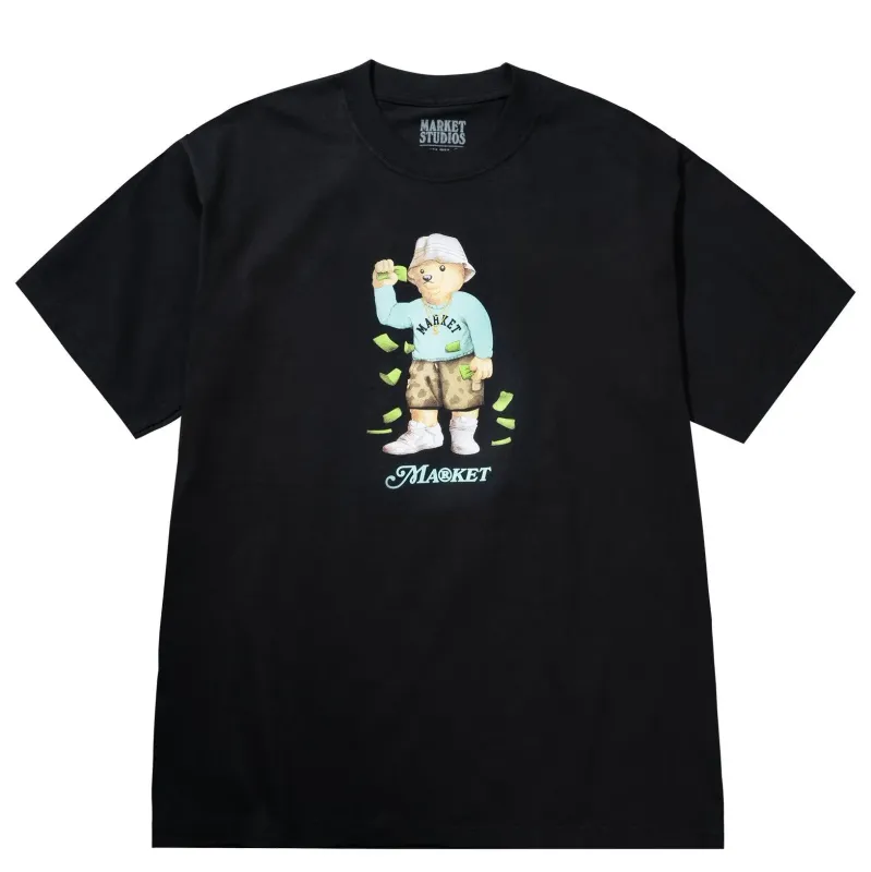 Front view of Market Studios black t-shirt with bear graphic throwing cash and Market logo below