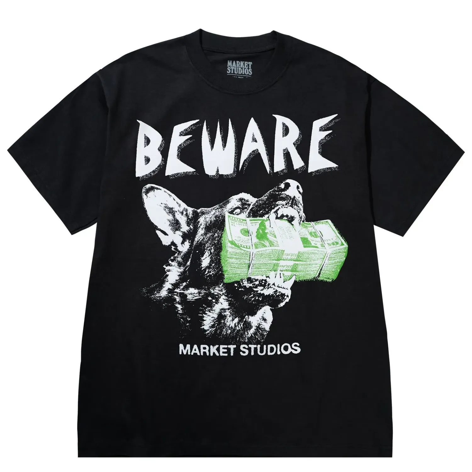 Front view of Market Studios washed black t-shirt with “BEWARE” text and bulldog graphic holding cash
