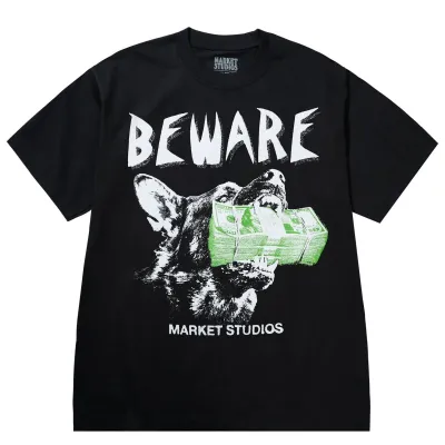 Front view of Market Studios washed black t-shirt with “BEWARE” text and bulldog graphic holding cash