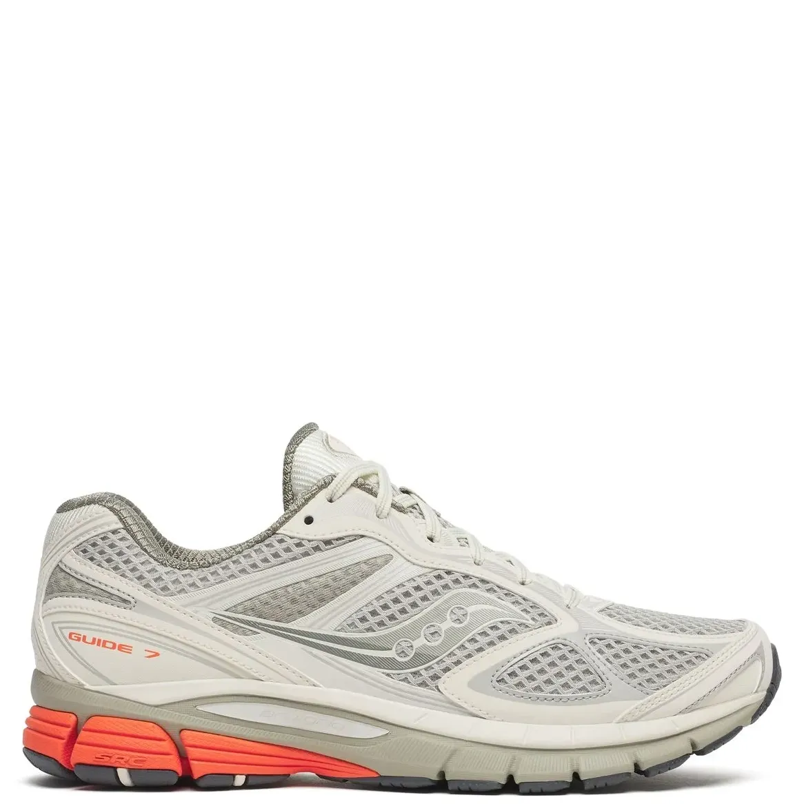 Side profile of Saucony ProGrid Guide 7 in Tofu with Fire accents