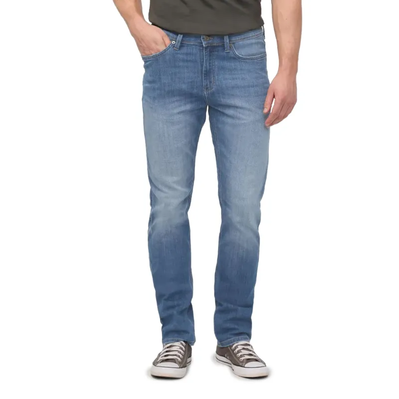 Front view of slim straight light wash jeans with classic styling