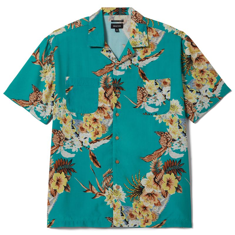 Brixton Bunker Vacation shirt in retro green with tropical floral print, button-up front and dual chest pockets