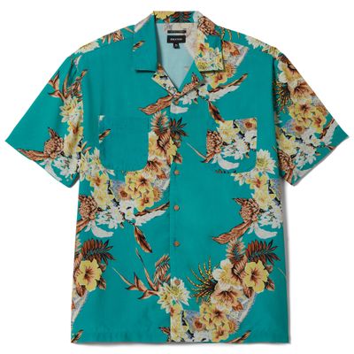 Brixton Bunker Vacation shirt in retro green with tropical floral print, button-up front and dual chest pockets
