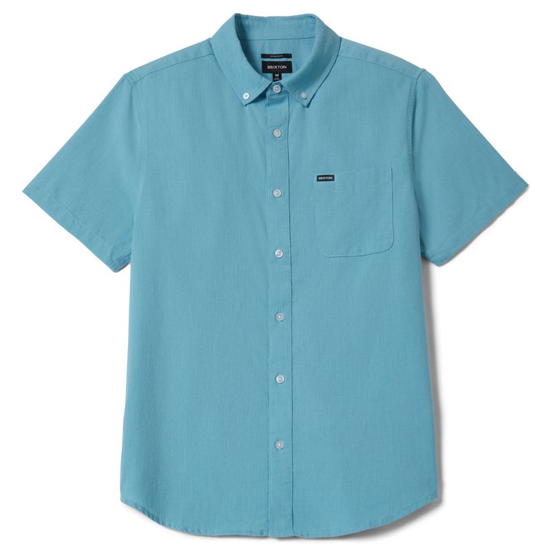 Brixton Sanford Oxford short sleeve shirt in blue aura with button-down collar and single chest pocket