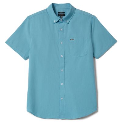 Brixton Sanford Oxford short sleeve shirt in blue aura with button-down collar and single chest pocket