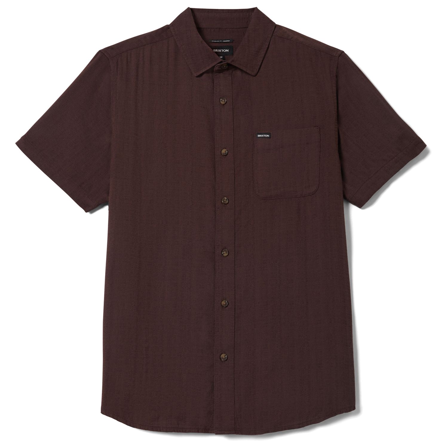 Brixton Charter Slub short sleeve shirt in chocolate brown with button-up front and single chest pocket