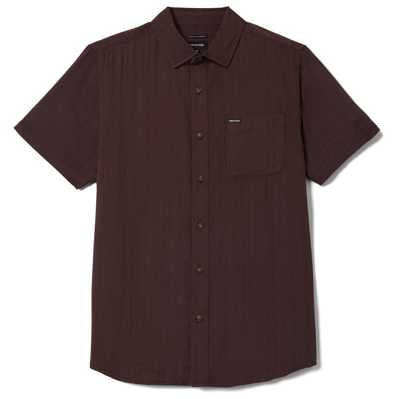 Brixton Charter Slub short sleeve shirt in chocolate brown with button-up front and single chest pocket