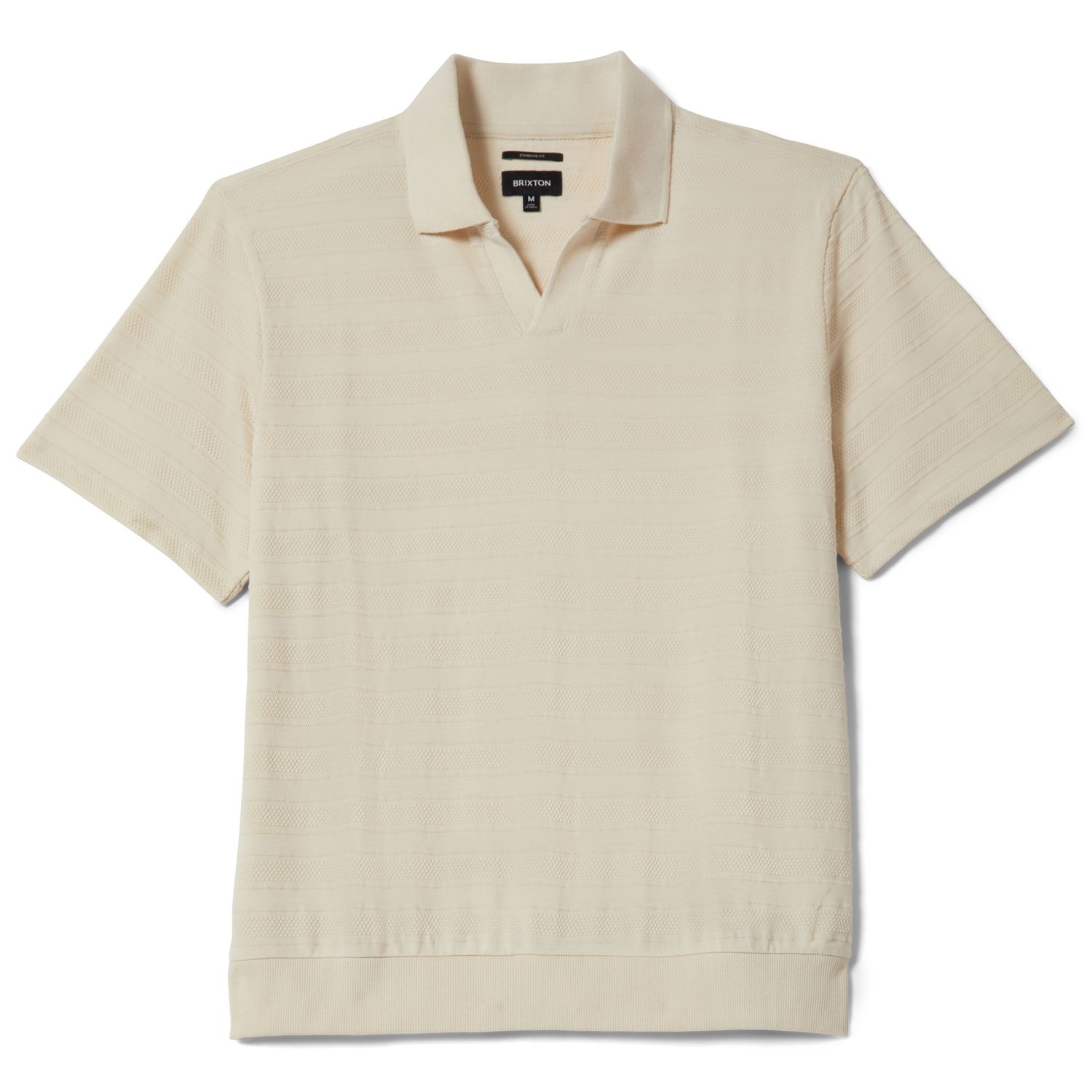 Brixton Theo jacquard polo in cream with subtle textured stripe knit and open collar design