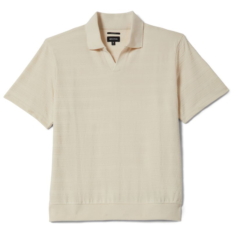 Brixton Theo jacquard polo in cream with subtle textured stripe knit and open collar design