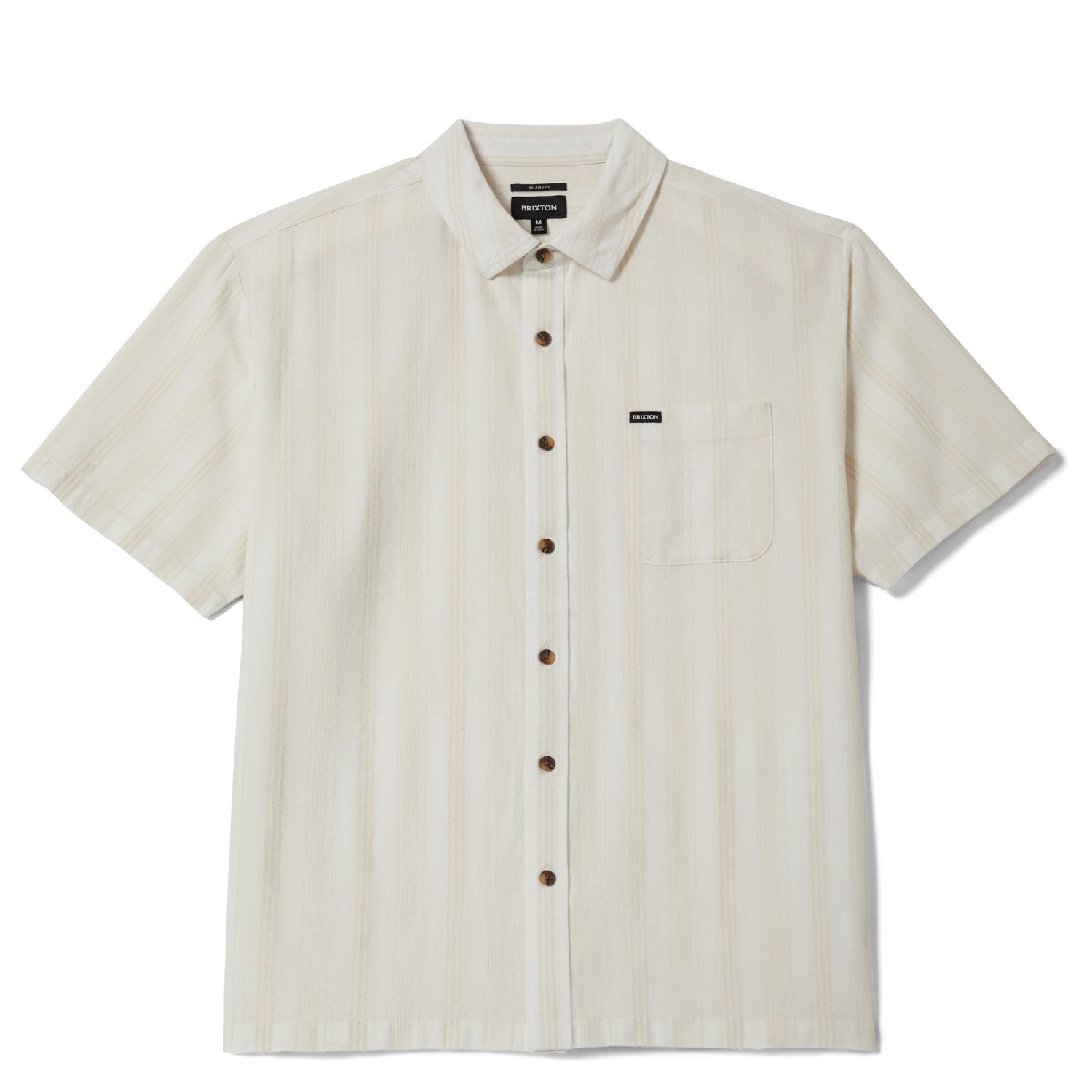 Brixton Cru Striped Dobby short sleeve shirt in off white with subtle vertical stripe pattern and chest pocket