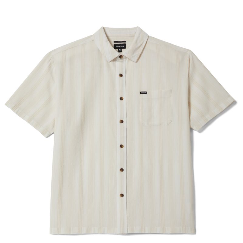 Brixton Cru Striped Dobby short sleeve shirt in off white with subtle vertical stripe pattern and chest pocket