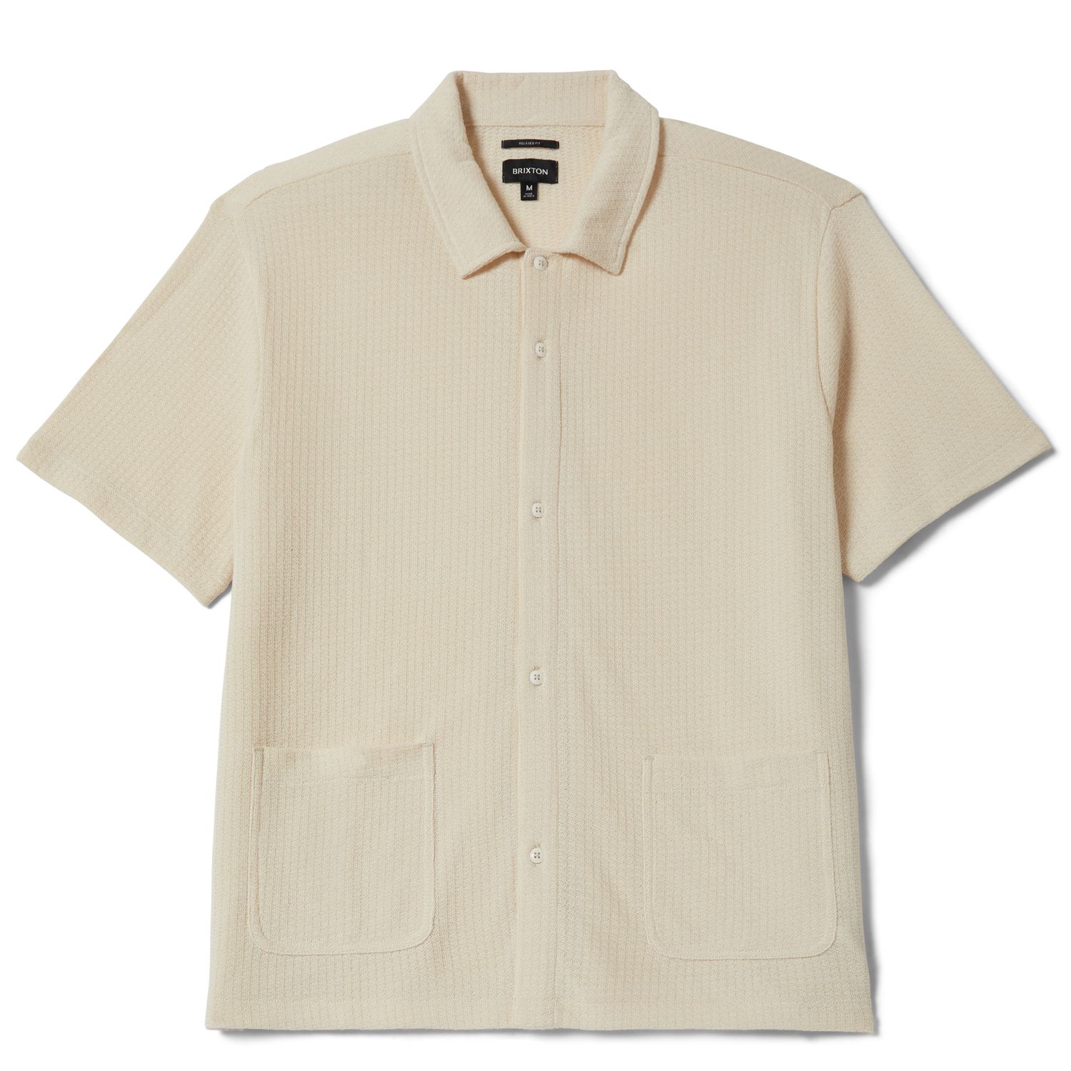 Brixton Poolside short sleeve knit shirt in off white with textured fabric and dual front patch pockets