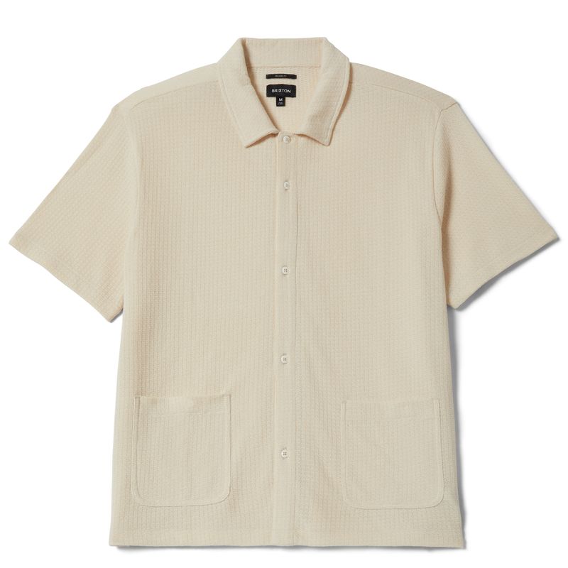 Brixton Poolside short sleeve knit shirt in off white with textured fabric and dual front patch pockets