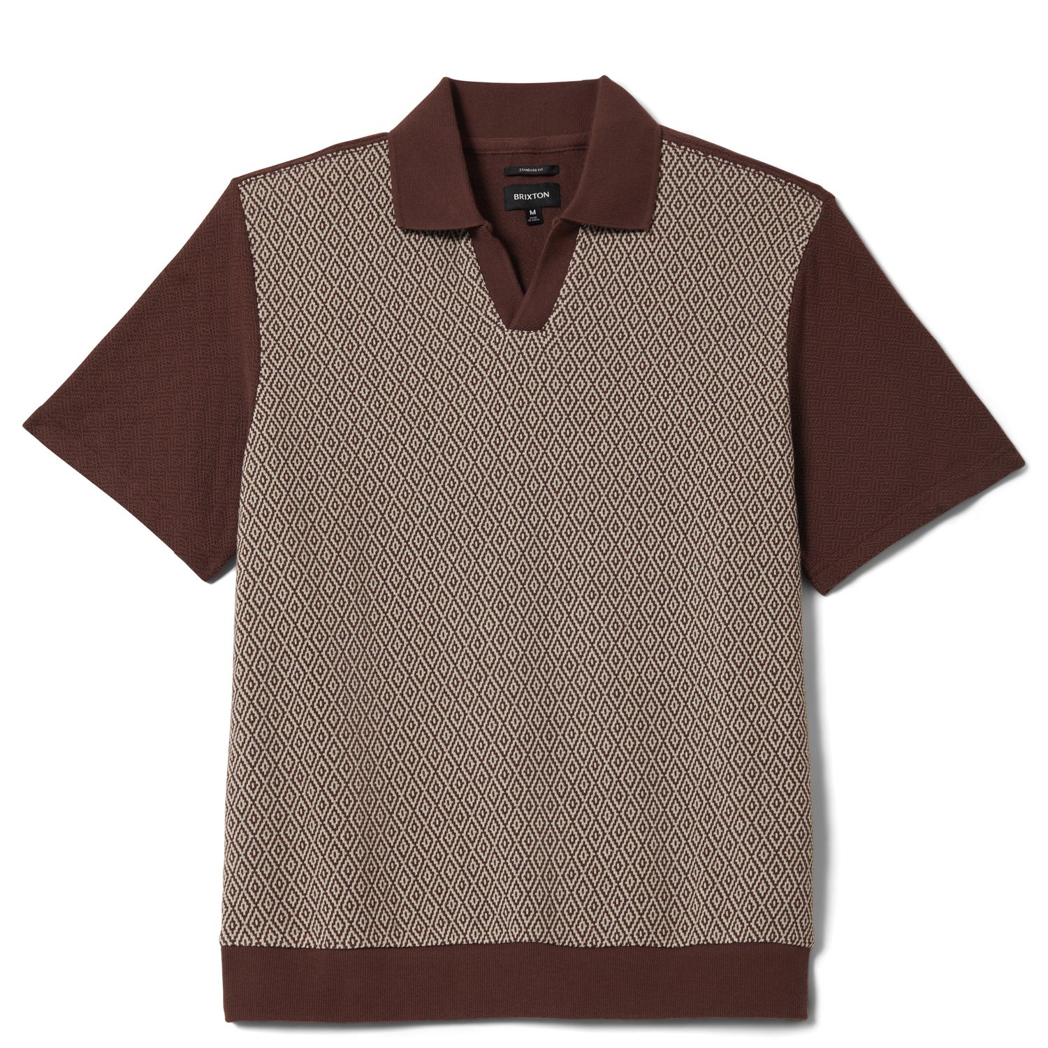 Brixton Theo jacquard polo in chocolate and off white with diamond pattern front panel and knit collar