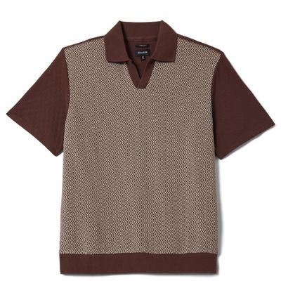 Brixton Theo jacquard polo in chocolate and off white with diamond pattern front panel and knit collar