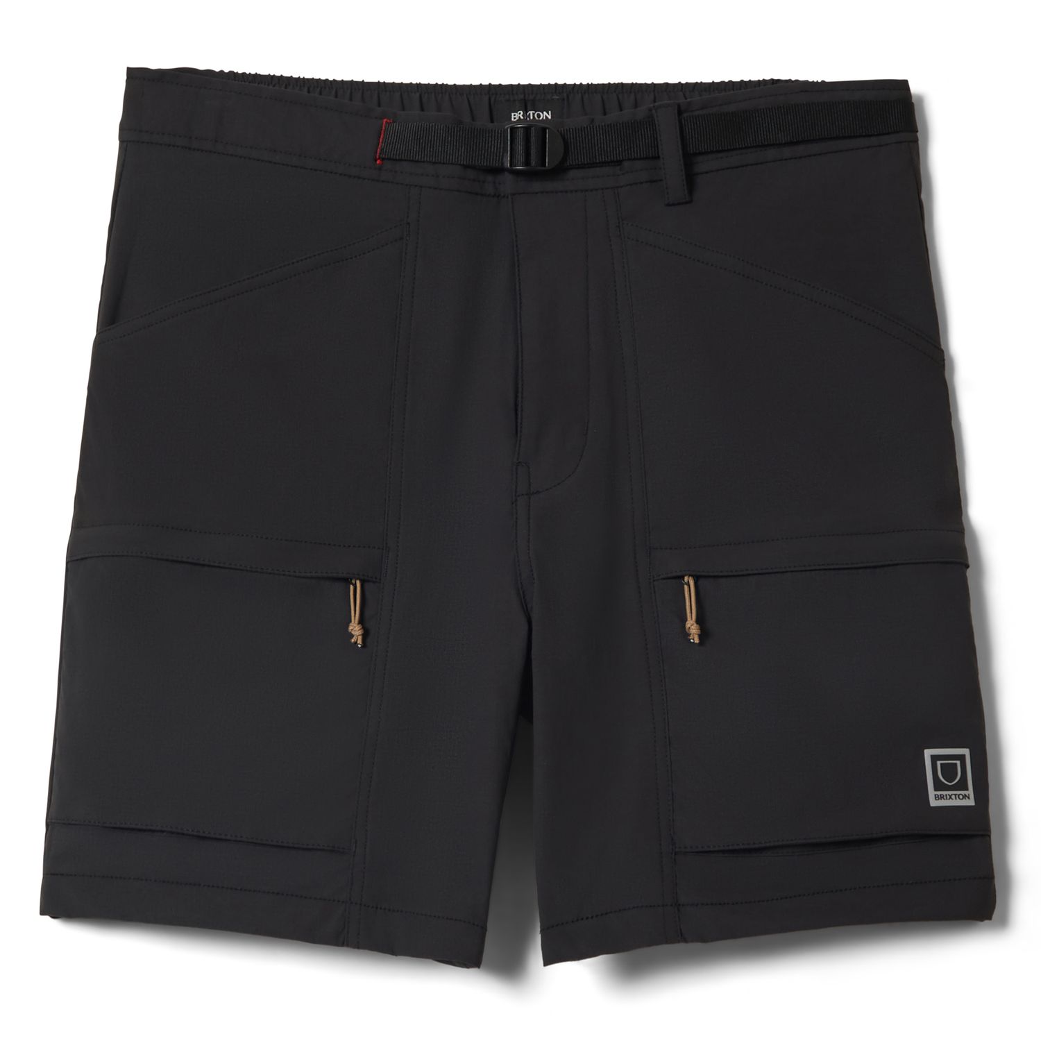 Front detail of shorts with built-in belt, button closure, and cargo pocket design