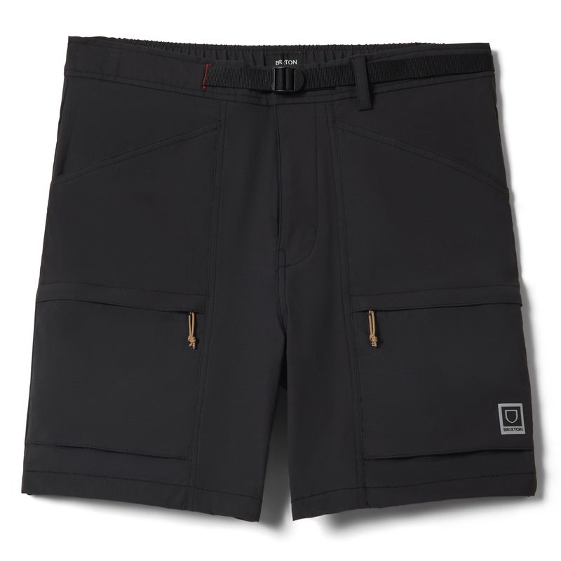 Front detail of shorts with built-in belt, button closure, and cargo pocket design