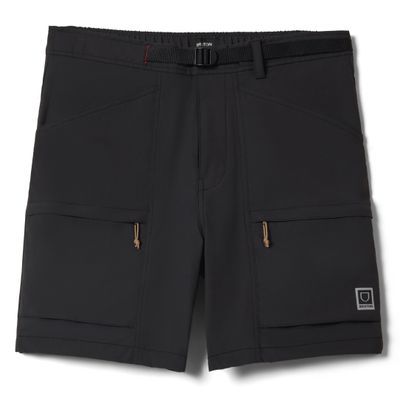 Front detail of shorts with built-in belt, button closure, and cargo pocket design