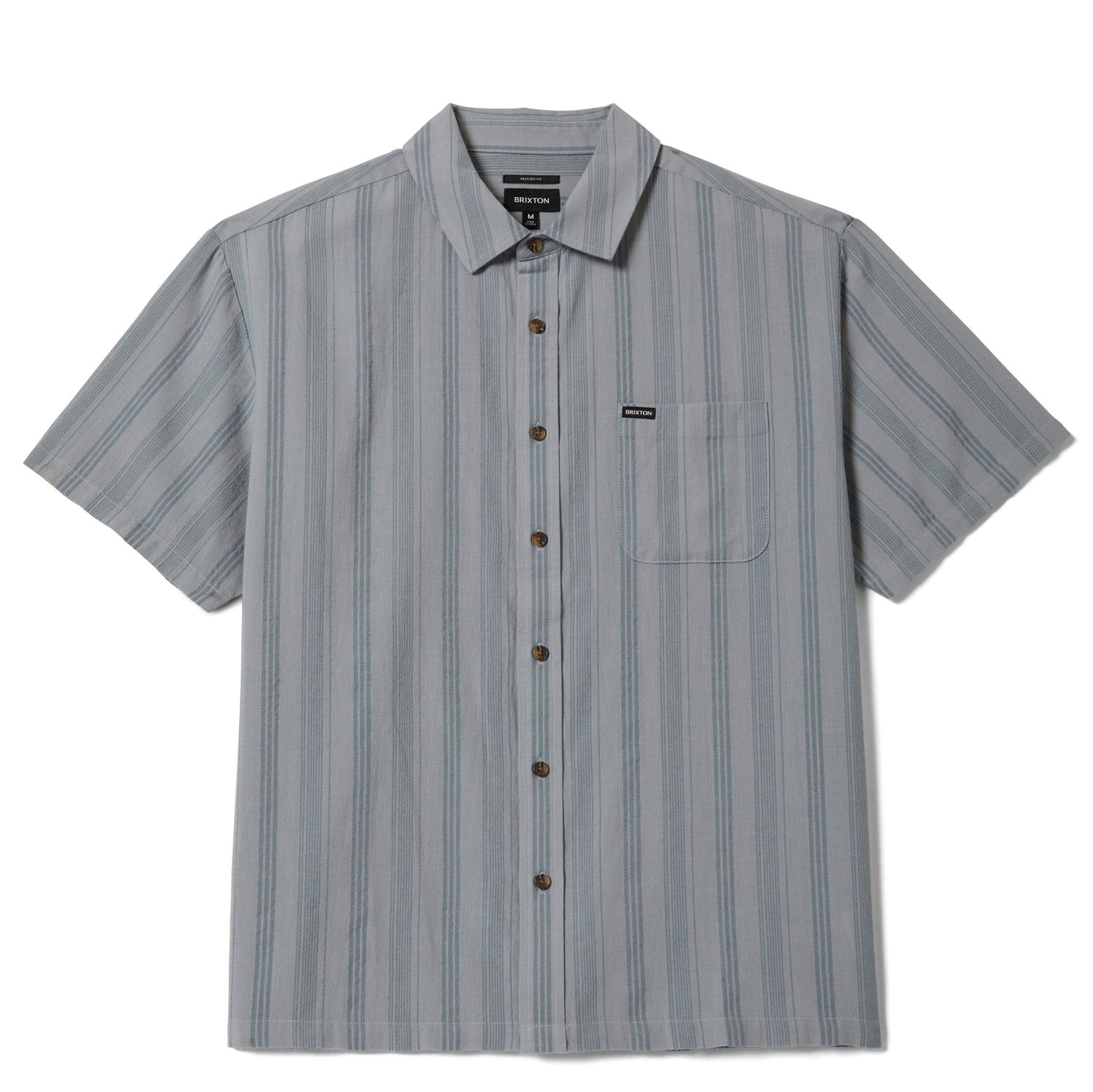 Brixton Cru Striped Dobby short sleeve shirt in trooper with vertical stripe pattern and chest pocket