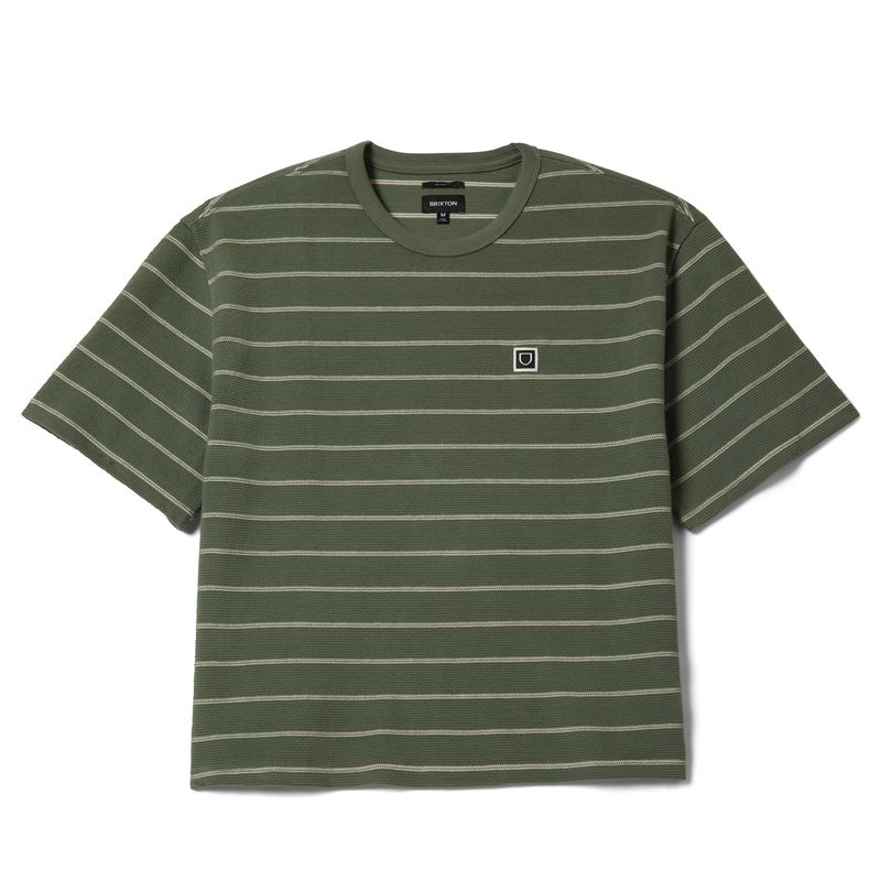 Brixton Shield Pique boxy knit tee in dark olive with white horizontal stripes and chest logo patch