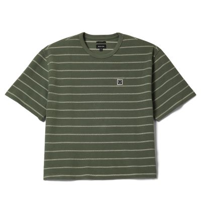 Brixton Shield Pique boxy knit tee in dark olive with white horizontal stripes and chest logo patch
