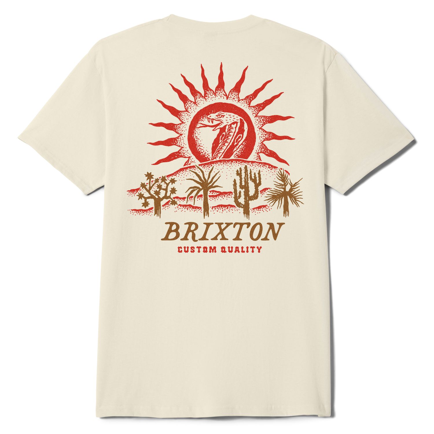 Back graphic of Brixton t-shirt featuring snake inside sun with desert plants and “Brixton Custom Quality” text