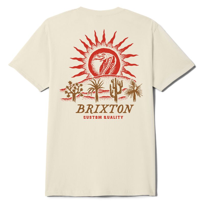 Back graphic of Brixton t-shirt featuring snake inside sun with desert plants and “Brixton Custom Quality” text
