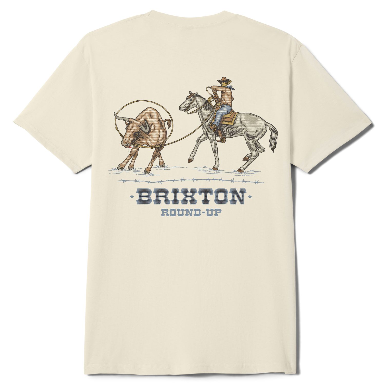 Back graphic of Brixton t-shirt featuring cowboy roping a bull with “Brixton Round-Up” text

