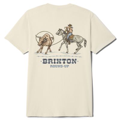 Back graphic of Brixton t-shirt featuring cowboy roping a bull with “Brixton Round-Up” text

