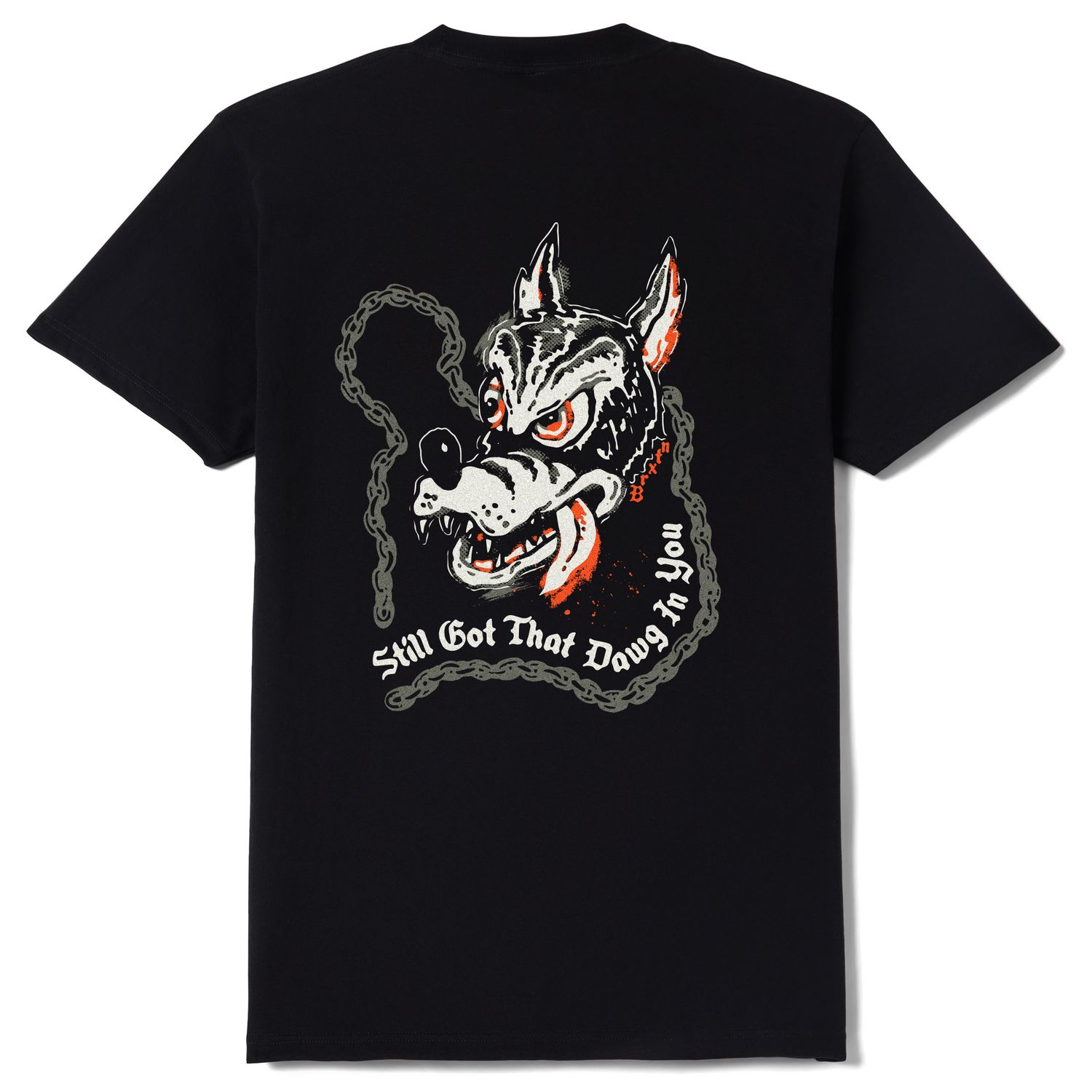 Back graphic of Brixton t-shirt featuring snarling wolf and “Still Got That Dawg In You” text